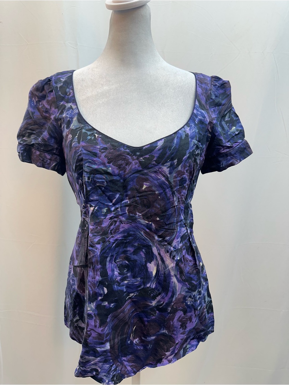 Rebecca Taylor Silk Purple Floral Scoop Neck Puff Sleeve Top 6